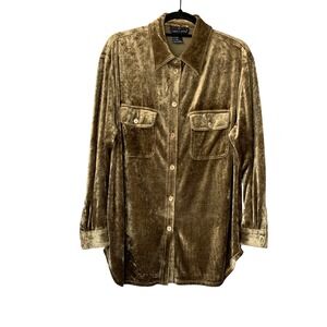 CAROLE LITTLE Vintage Velvet Button Down Shirt Gold L Long Sleeve Pocket Front
